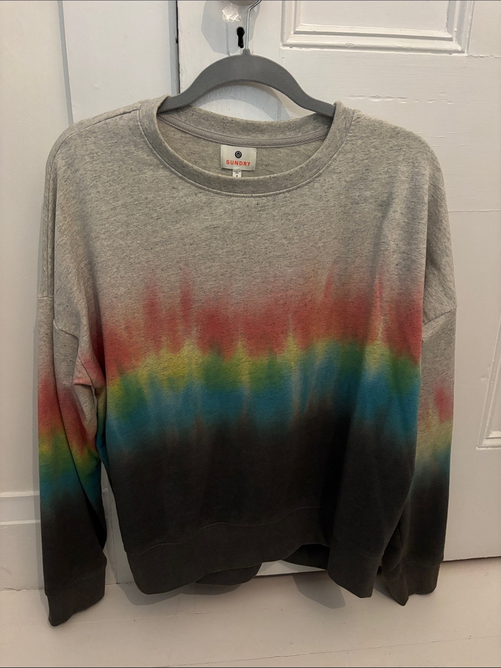 Sundry Gray Crewneck Sweatshirt with Rainbow Tie-Dye Band